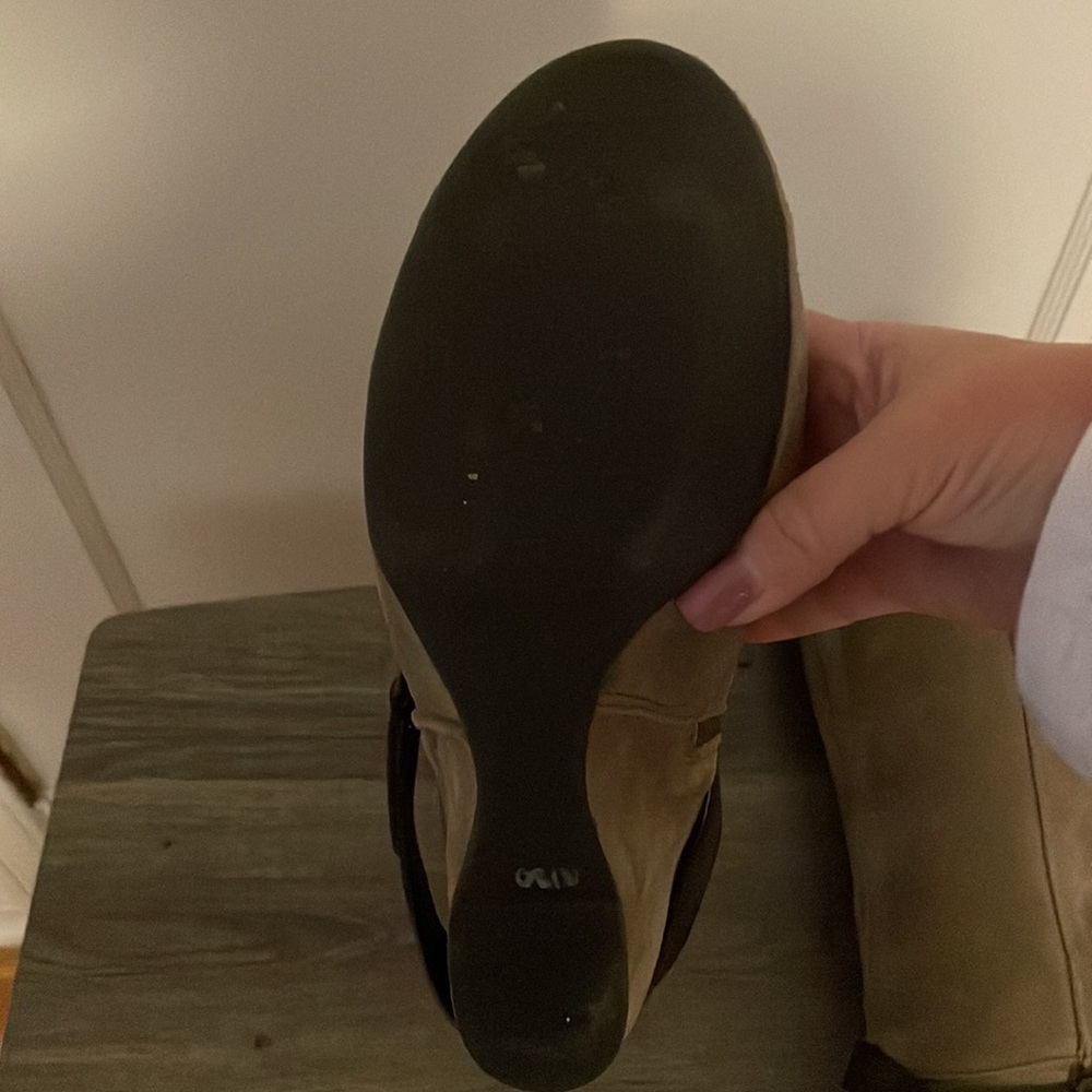 Franco Sarto Taupe Suede Knee-High Heeled Boots with Dark Brown Strap - Picture 2 of 2